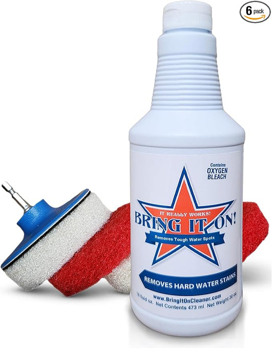 Bring It On Cleaner Hard Water Stain Remover for Glass, Soap Scum remover for Shower glass, Fiberglass, Windows, Tile and Grout Cleaner, Water Spot Remover for Glass Includes Scrubbing Drill Pads