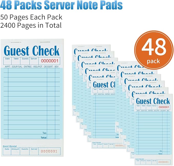 48 Pack Blue Guest Checks Books for Servers Server Note Pads, Waiter Checkbook, Waitress Notepad for Restaurants, Paper Checks 50 Sheets/Pack, 300 Total Tickets