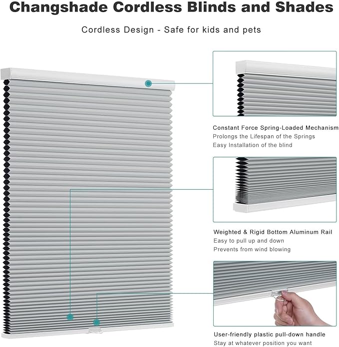 Changshade Cordless Cellular Shades, Blackout Honeycomb Shades for Windows, Pull Down Pleated Blinds, Easy to Install for Indoor Windows and French Doors,61" W x 72" H, Grey
