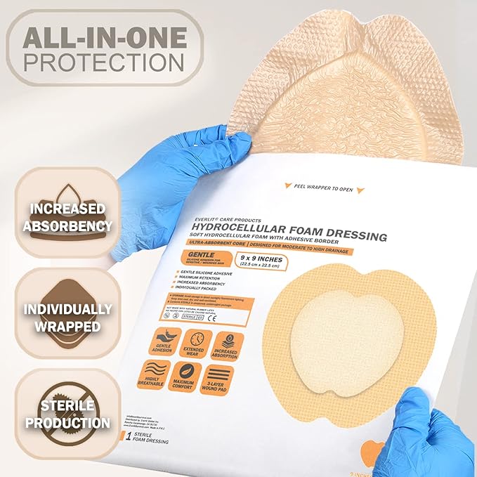 EVERLIT Sacrum Silicone Foam Dressing | Highly-Absorbent Waterproof Sacral Bandage Pad for Bed Sore Pressure Ulcer Wound Care | Sterile Adhesive Dressing for Chronic Wounds (9" x 9" | 5 Pack)