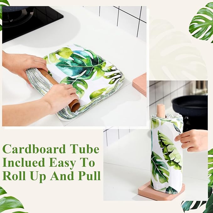 Redbaker 50 Pcs Reusable Paper Towels Paperless Reusable Cotton Cloths Toilet Absorbent Washable Paper Towels with Roll Kitchen Dishcloth for Kitchen Paperless Dishcloths(Leaves)