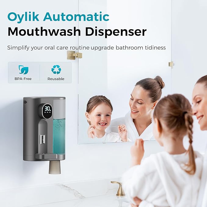 Oylik Automatic Mouthwash Dispenser,20.3 Fl Oz Mouth Wash Dispenser for Bathroom with 2 Magnetic Cups,4 Levels and LED Screen for Kids Adults