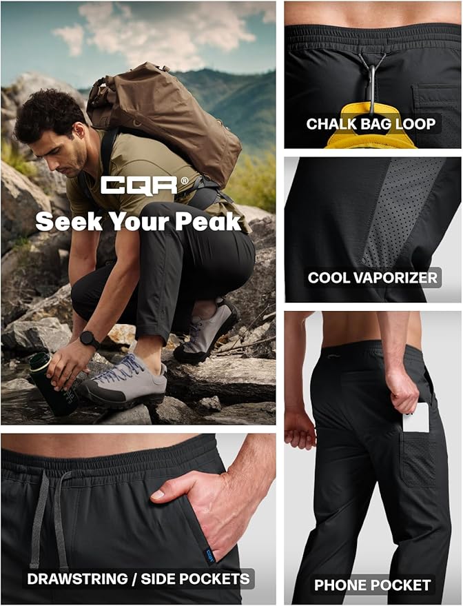 CQR Men's Lightweight Vent Hiking Pants, Water-Resistant & Breathable Sports Outdoor Athletic Pants with Elastic Waist