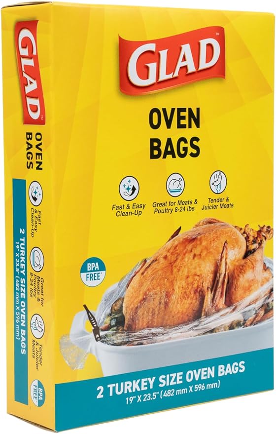 Glad Turkey Size Oven Bags for Meats & Poultry 8-24 lbs – BPA-Free* for Tender, Juicy Roasts with Fast & Easy Clean-Up, Turkey Cooking Bags, Roasting Bags, 19" x 23.5" - 2 Count (Pack of 12)