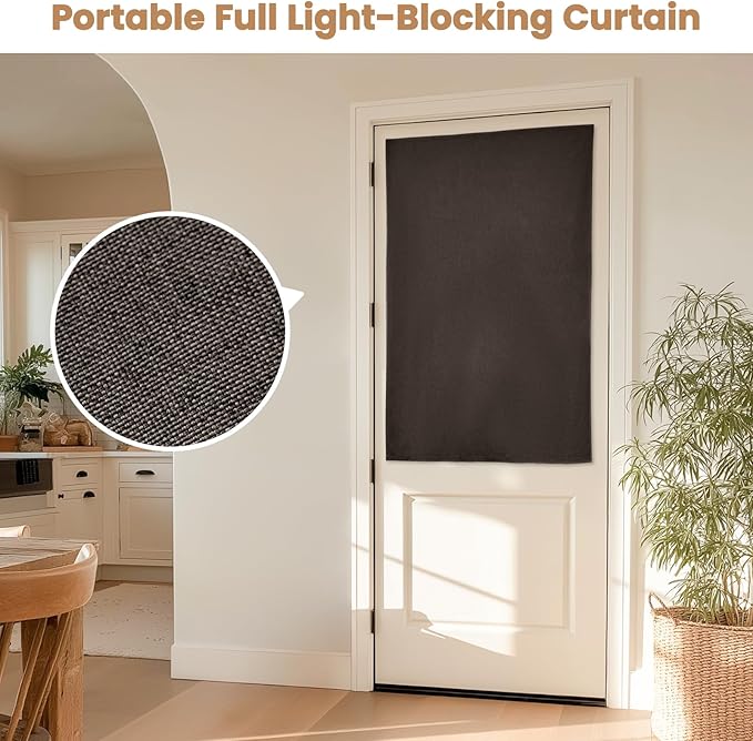 100% Blackout French Door Curtain,Adhesive, No Drilling Required,Small Curtains Designed for Installation On Doors (Dark Coffee - W25 × L40 in)