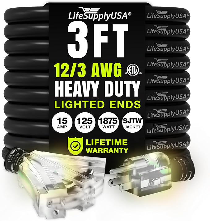 3ft Outdoor/Indoor Extension Cord 3-Outlet 12/3 Gauge Extra Heavy Duty ETL Listed, 3 Prong SJTW, Waterproof, Flexible Cold-Resistant Long Power Cord,15A 125V 1875W, Black by LifeSupplyUSA