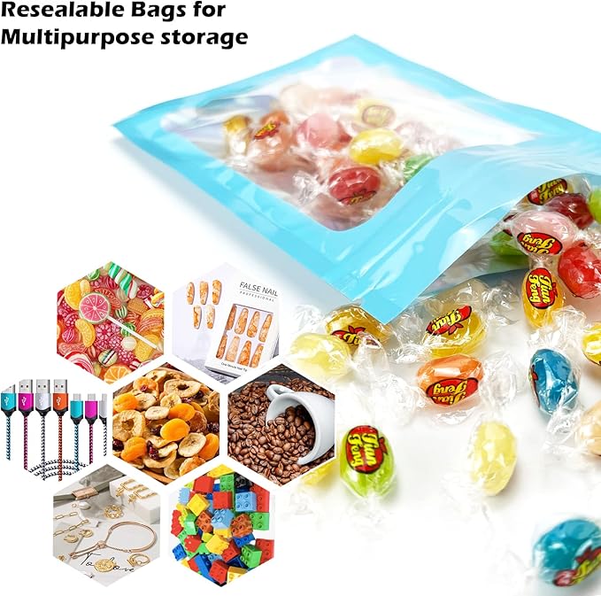300 Pcs Holographic Mylar Bags, 3 Size Smell Proof Bags with Clear Window Foil Pouch Bags Resealable Bags for Small Business and Food Storage, Blue