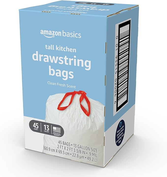 Amazon Basics Tall Kitchen Drawstring Trash Bags, Clean Fresh Scent, 13 Gallon, 45 Count (Previously Solimo)
