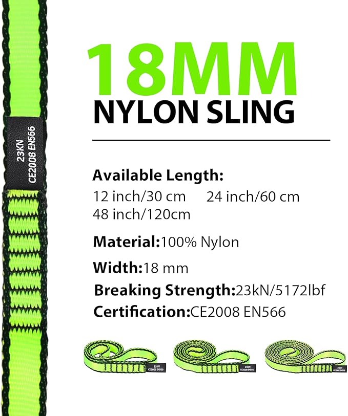 18MM Nylon Climbing Sling Runner - 23KN CE2008/EN566 Certified Outdoor Climbing Webbing for Rock Climbing, Rappelling, Mountaineering, Swing Gear, Outdoor Adventures & Emergency Anchoring