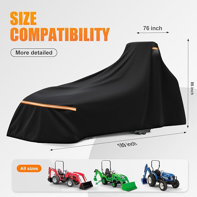 Heavy Duty Tractor Cover with Backhoe Waterproof 600D Oxford – Fits John Deere, Kubota, Mahindra, New Holland, Massey Ferguson Compact Tractors with Backhoe – All Weather Protection with Storage Bag