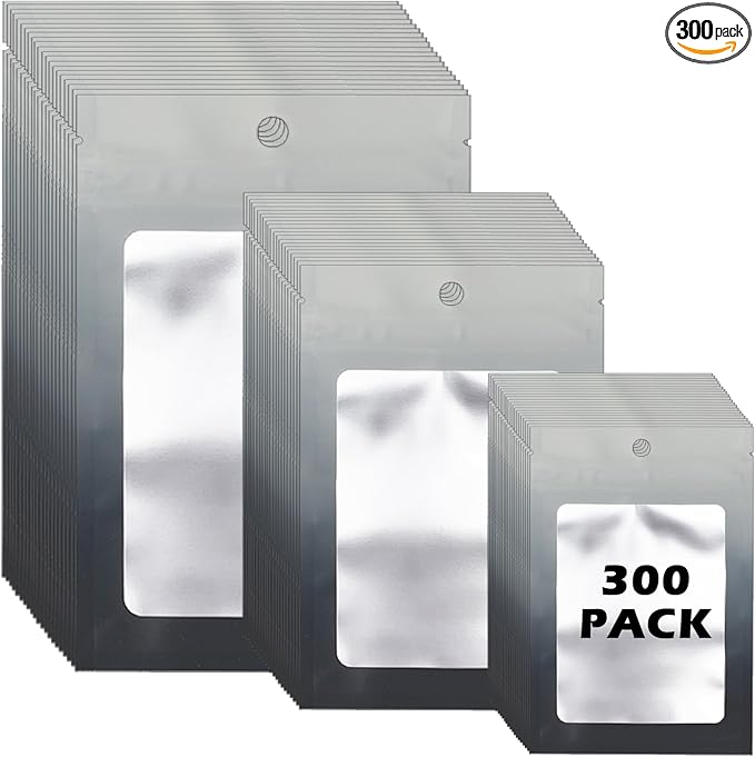 300 Pcs Gradient Mylar Bags, 3 Size Smell Proof Bags with Clear Window Foil Pouch Bags Resealable Bags for Small Business and Food Storage, Grey Black