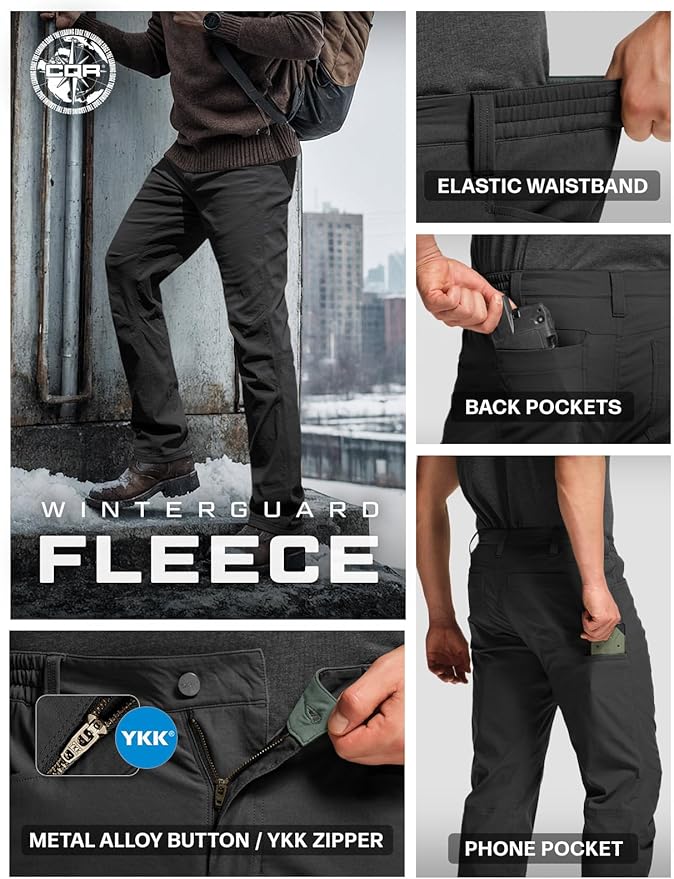 CQR Men's Winter Fleece Lined Pants, Water-Resistant Outdoor Stretch Work Pants, Windproof Casual Pants with Pockets