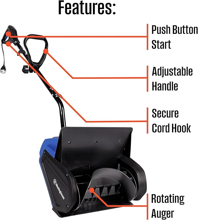 Westinghouse WSnow13S Corded Snow Shovel, 13-inches Wide, Electric Snow Shovel with 20ft Throwing Distance, Plows 430lbs/min for Driveway/Steps/Sidewalk/Porch