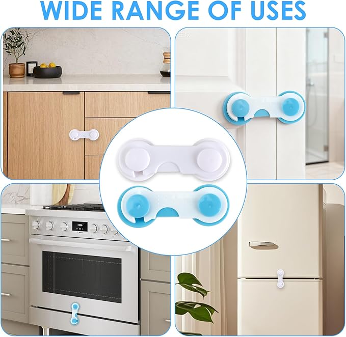 12 Pcs Baby Proof Cabinet Locks, Cabinet Child Locks with Strong Adhesive for Drawers Fridge and Closet Doors, No-Tool Installation Childproofing for Kitchen and Pantry (White and Blue)
