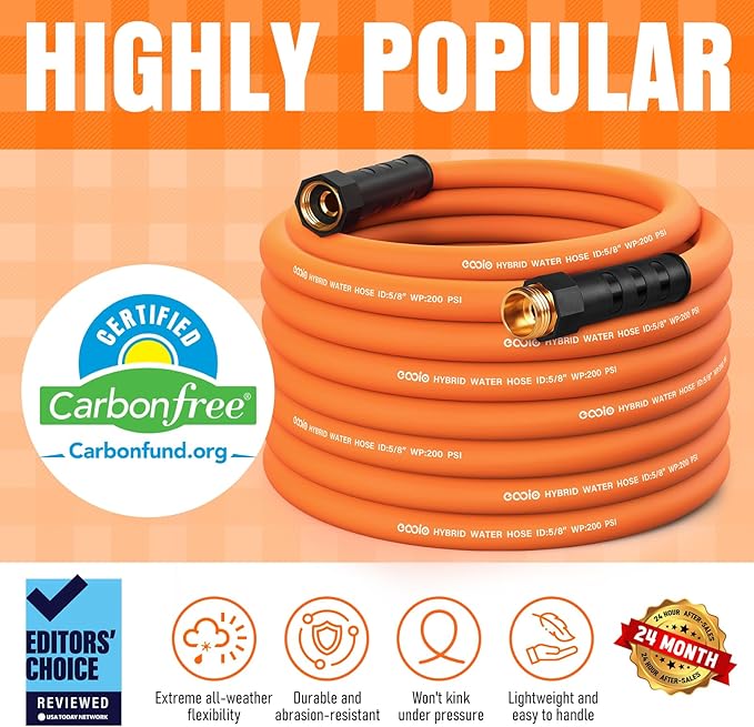 Garden Hose 50 ft x 5/8", NON-EXPANDING Flexible Water Hose, Kink Resistant Lightweight Hybrid Hose, Leakproof Yard Hose with Male to Female Fittings