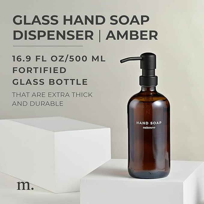 MaisoNovo Soap Dispenser 1-Piece Set | 16.9oz Amber Bottles with Black Stainless Steel Pump