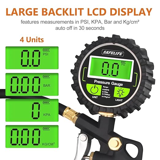 SAFELIFE Digital Tire Pressure Gauge with Inflator, 250 PSI Air Chuck with Pressure Gauge and Air Compressor Tire Inflator Attachment Include Quick Connect Coupler, 0.1 Display Resolution