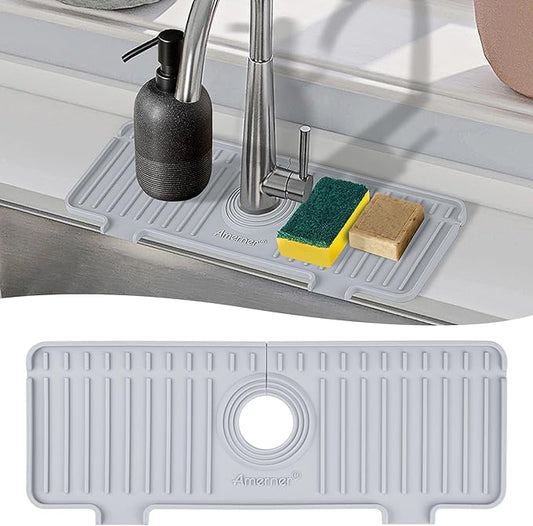 Kitchen Sink Splash Guard, Silicone Faucet Guard & Draining Mat, 10° Large Slope Sink Faucet Mat Splash Guard, Bathroom Sink Organizer, Kitchen Sink Accessories Gadgets, 14.2” x 5.1”, Gray