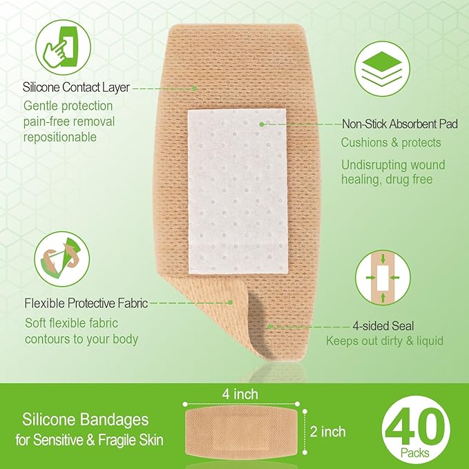 NeuHeils Silicone Adhesive Bandages for Sensitive Skin – Large 2x4 Inch (40 Count) | Hypoallergenic & Waterproof Wound Care | Pain-Free Removal, Non-Stick Pad, Gentle for Fragile Skin