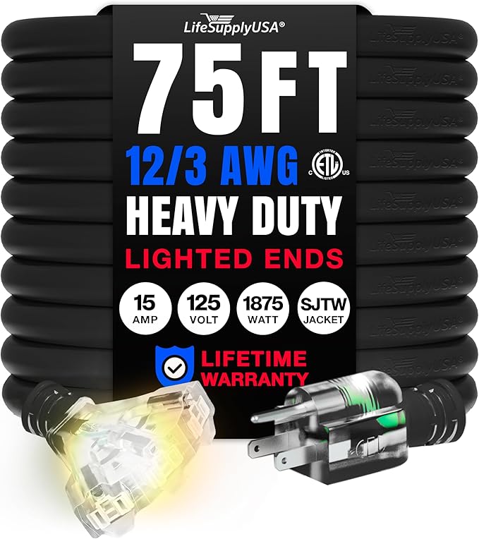 75ft Outdoor/Indoor Extension Cord 3-Outlet 12/3 Gauge Extra Heavy Duty ETL Listed, 3 Prong SJTW, Waterproof, Flexible Cold-Resistant Long Power Cord,15A 125V 1875W, Black by LifeSupplyUSA
