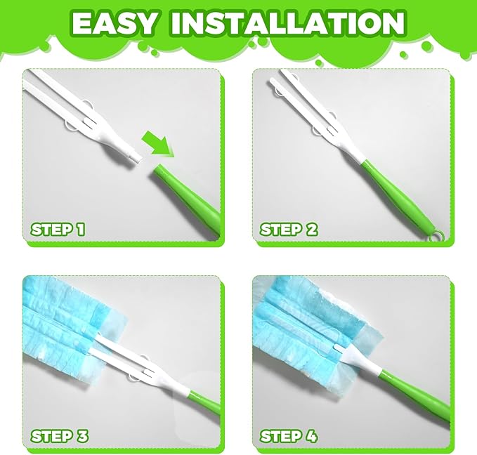 3PCS Duster Refills Folding Handles Set Compatible with Swiffer Dusters,Disposable Static Dust Removal Brush Handle for Dusting Electronics,Furniture,Blinds,Ceiling Fans (3, Green)