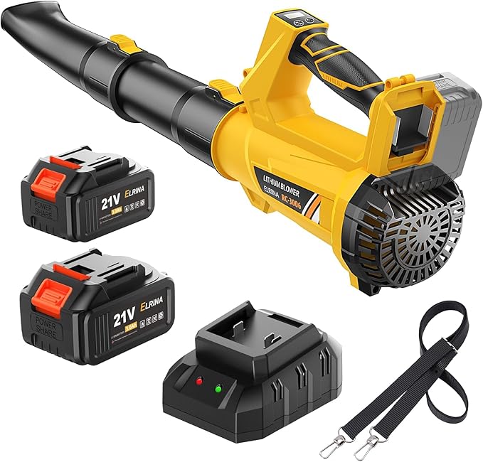 ELRINA Leaf Blower Cordless with 2 x 3.0Ah Batteries and Charger, 6-Speed Mode Lightweight Electric Blowers for Lawn Care, Yard Cleaning, Blowing Leaves, Dust, Snow Green, with Shoulder Straps