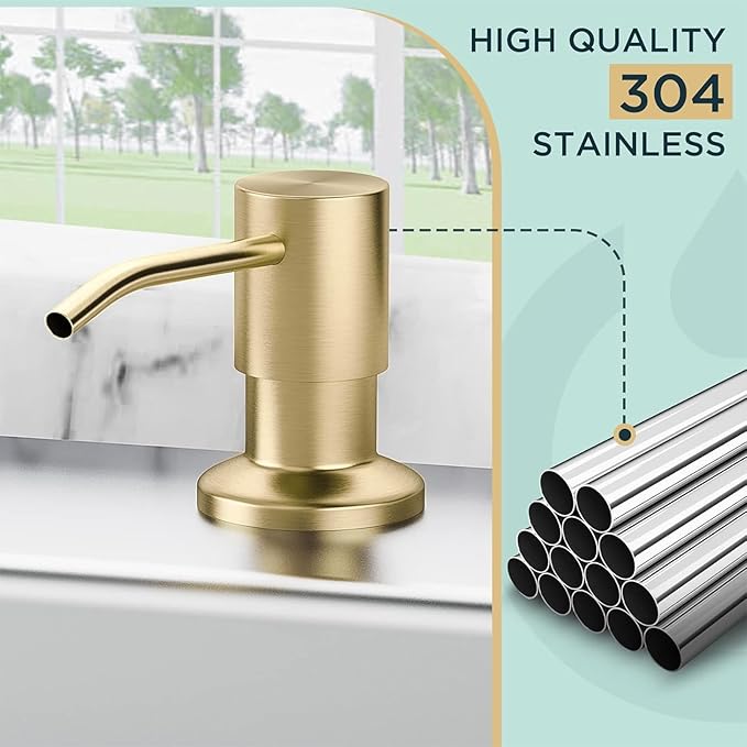 FORIOUS Brushed Gold Soap Dispenser for Kitchen Sink with 500ML/18OZ Bottle, Lotion Dispenser Built in Refill from The Top for Countertop Sink