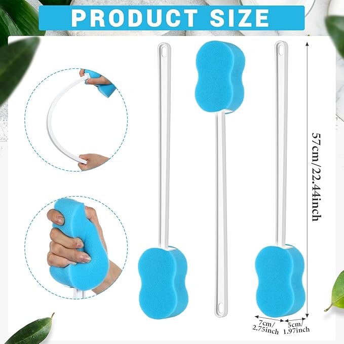 3 Pcs Long Handle Bath Sponge 22.4'' Back Sponge on a Stick Lightweight Back Washer Handled Butt Scrubber Shower Brush for Foot Body Cleaning Bathing Limited Motion (Blue)
