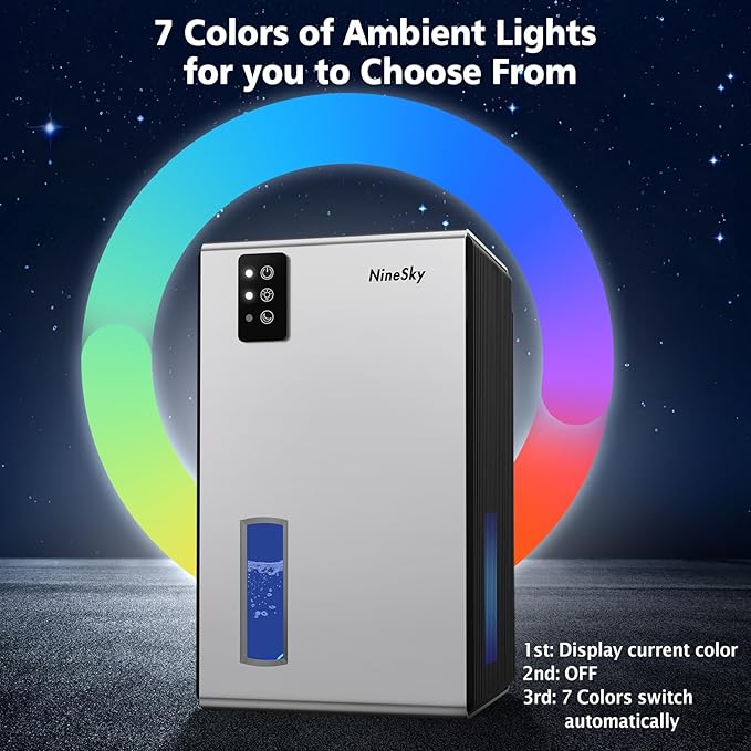 NineSky Dehumidifiers for Home, 95 OZ Water Tank, (1000 sq.ft) Dehumidifiers for Bathroom Bedroom Basement with Auto Shut Off,7 Colors LED Light(Silver)