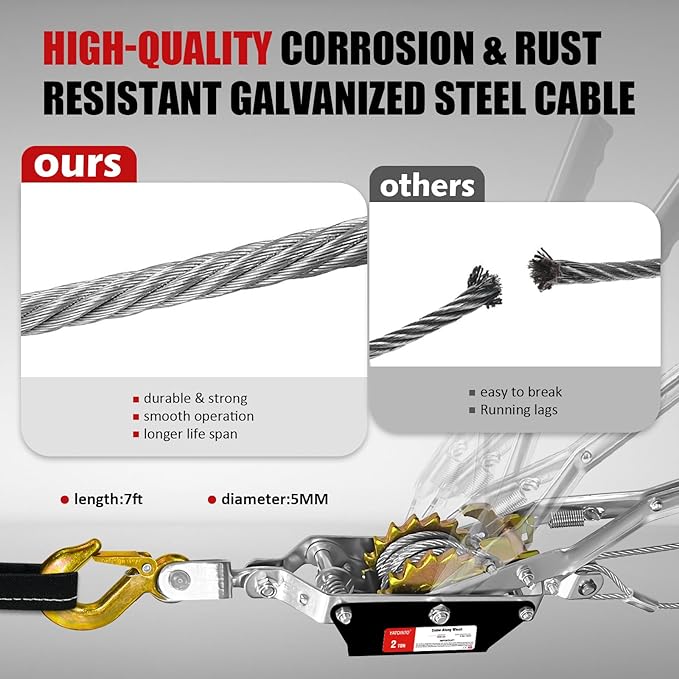 Come Along Winch 2 Ton 7ft Steel Cable Manual Winch with 2 Hooks & Dual Gears - Come Along Cable Puller for Automotive Hoist & Vehicle Rescue
