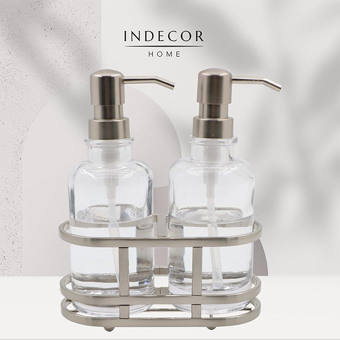 3 Piece Round Heavy Weight Glass Soap Lotion Pump Dispenser Set with Metal Caddy for Home Bath Kitchen Travel Office Hand Crafted Metal Tray Nickel
