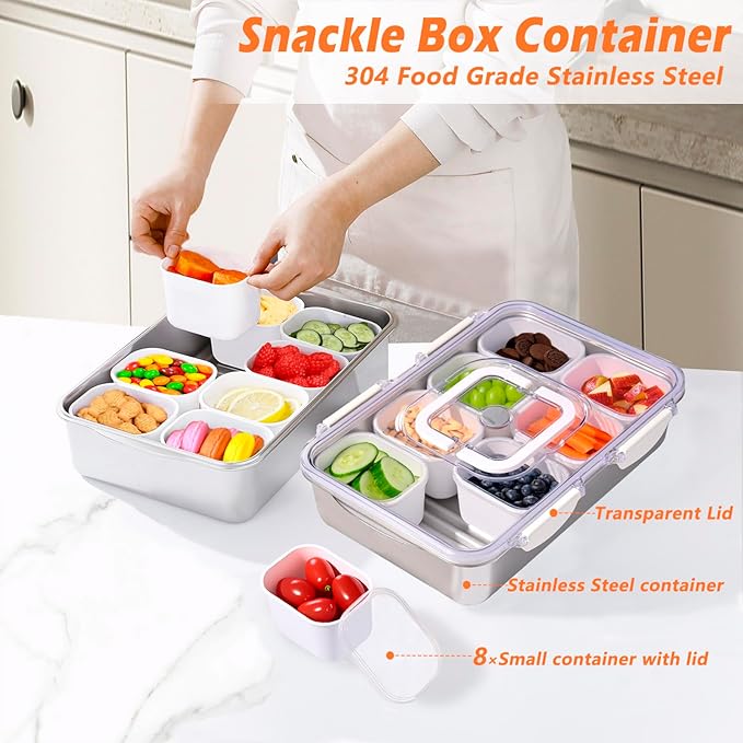Snackle Box Container,Dishwasher Safe Snack Tray with Lid,Stainless Steel Divided Serving Tray with Lid,8 Compartments with Transparent Lids,Perfect for Travel Party