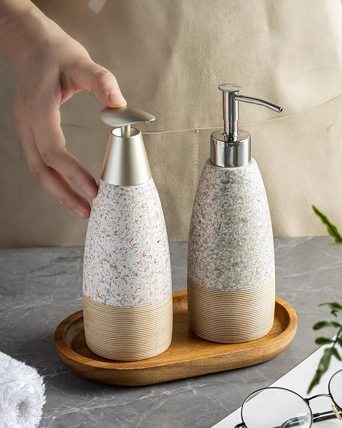 Soap Dispenser Set for Shower, Ceramic Refillable Soap Bottle for Shampoo, Conditioner, Bathroom & Kitchen, Includes Silicone Funnel, Plastic and Stainless Steel Pump, Granite Peach Blossom, 12 oz