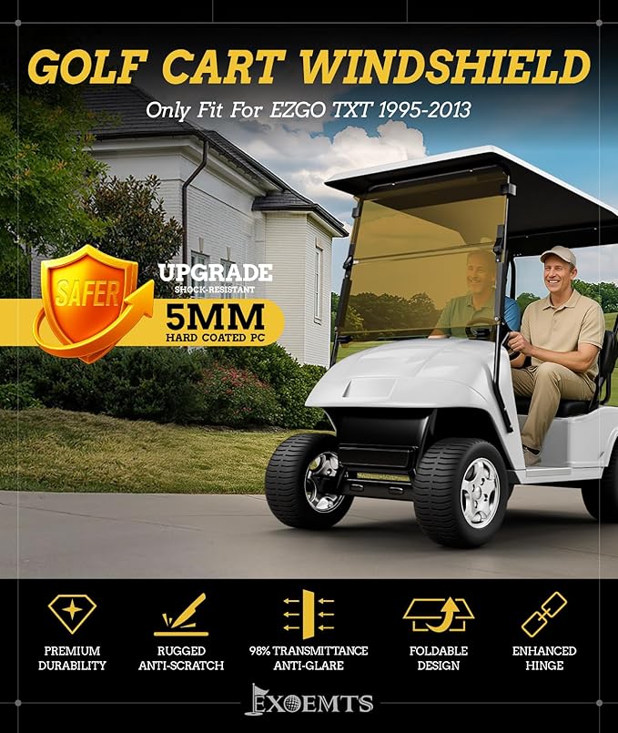 Golf Cart Windshield for EZGO TXT 1995-2013 Gas & Electric, 40.7" W X 28.3" H, 3/16" Thick PC, Foldable Front Windshield with Heavy Duty Hinge, Anti-UV, Impact Resistant, Scratch Resistant
