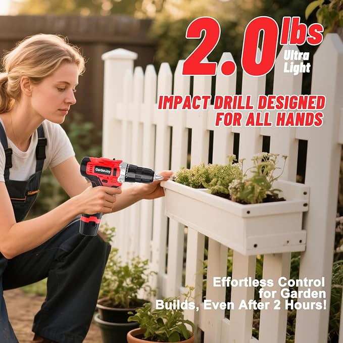 12V Cordless Drill Kit, Red, 2 Batteries & Fast Charger Included, Lightweight, 2-Speed Control, 3/8" Keyless Chuck, 24+1 Torque, LED Light for DIY Wood/Metal
