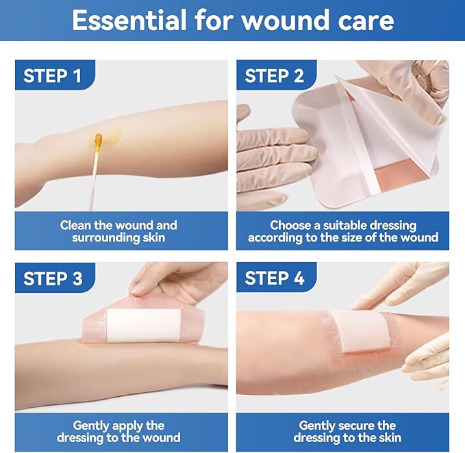 Silicone Super Absorbent Wound Dressing-4"× 4" Self-Adhesive Bandages for Wound Care, FSA HSA Eligible, Ultra Soft Wound Pads for Bed Sores Leg Ulcers Burns, 10