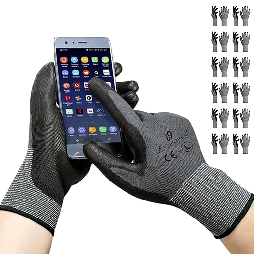 I9 Essentials 12 Pairs MicroFoam Nitrile Coated Touchscreen Work Gloves – Lightweight Grip Safety Gloves for Carpentry, Gardening, Construction & General Work (Large)