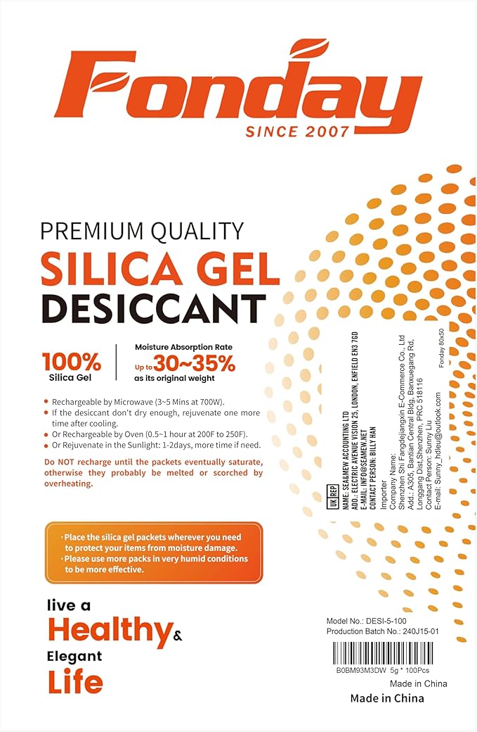 5g x 100 Packs Fonday Food Grade Silica Gel Desiccants Packs Moisture Absorbers Dehumidifier for Food Storage, Electronics, 3D Filament & Safes