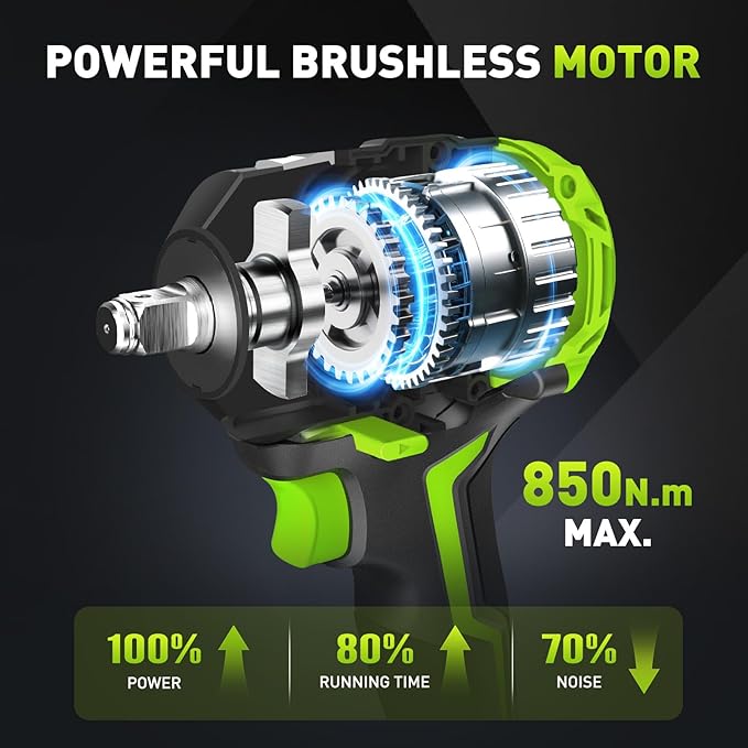 850Nm (630Ft-lbs) Cordless Impact Wrench for Ma-kita 18V Battery, Brushless 1/2 Impact Gun, 3-Speed, 4 Cr-V Sockets, LED Light, Electric Impact Wrench for Car Tire, Mower Lug Nut