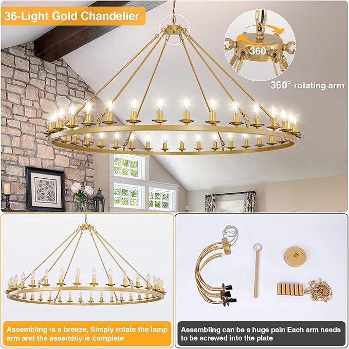 Wagon Wheel Chandeliers, 36-Light Gold Extra Large Modern Rustic Farmhouse Chandelier Adjustable Height Light for High Ceiling Living Room, Entryways, Foyer, Dining Room, Kitchen