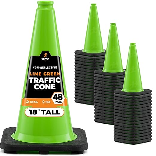 Xpose Safety 18” Lime Green Traffic Cone - 48 Pack - Premium PVC Safety Cone for Parking, Caution, Construction, Road Crews, Emergency Vehicle - DOT Approved