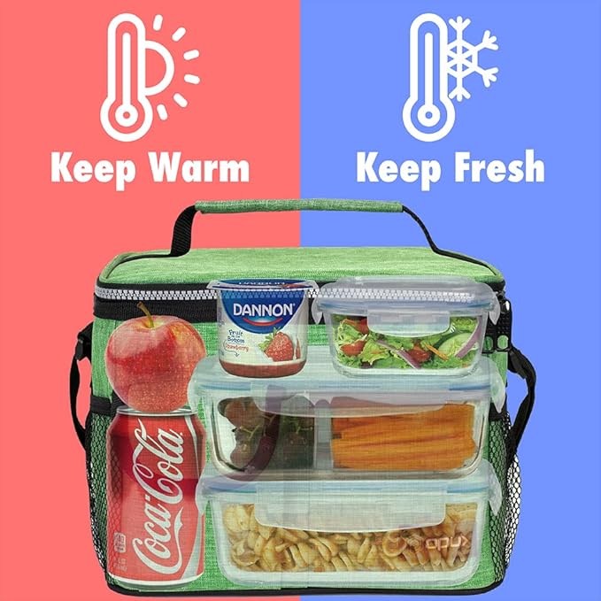 opux Insulated Lunch Bag for Men Women, Leakproof Heather Green Lunch Box for Work, Portable Soft Lunch Cooler Bag with Shoulder Strap, Adult Lunchbox Lunch Pail for Kid Boy Girl School, 14 Can/8L