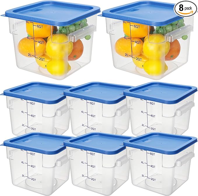 Lallisa 8 Pack 6 Qt Commercial Food Storage Containers with Lids Square Food Storage Container Clear Cereal Storage Containers for Kitchen Freezer Pantry Restaurant Flour Sugar(Blue Lids)