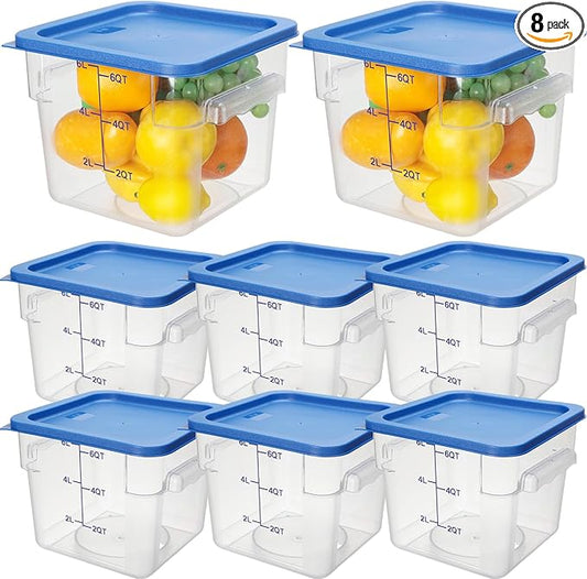 Lallisa 8 Pack 6 Qt Commercial Food Storage Containers with Lids Square Food Storage Container Clear Cereal Storage Containers for Kitchen Freezer Pantry Restaurant Flour Sugar(Blue Lids)