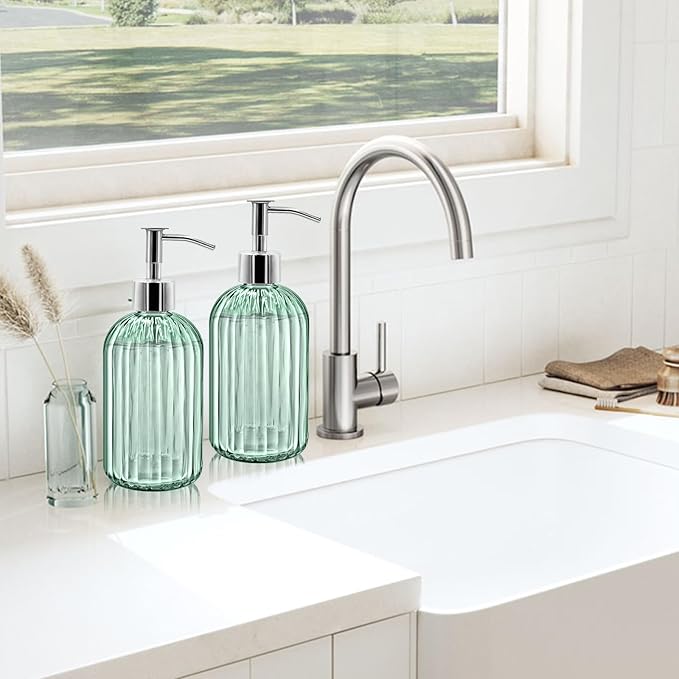 2 Pack Glass Soap Dispenser Bottle with Pump, 14 Oz Refillable Liquid Hand Jar Dispenser for Bathroom, Countertop, Kitchen, Laundry Room (Light Green)