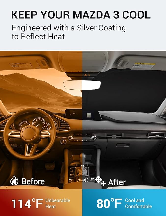 Proadsy 2025 Upgrade Windshield Sun Shade Custom Fit Mazda 3 2019-2023 2024 2025 Mazda3 Hatchback/Sedan Front Sunshade Protector Foldable Sun Visor Blocks UV Rays Keep Car Cooler
