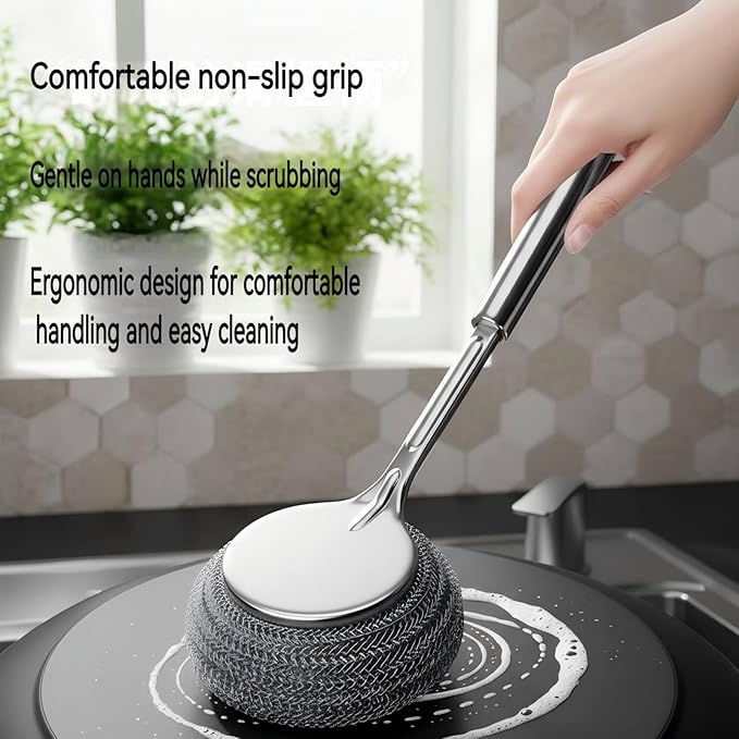 Ergonomic Handle Stainless Steel Scrubber with 4 Replacement Balls, Wire Brush for Kitchen Pots, Grills, Pans and Cutlery
