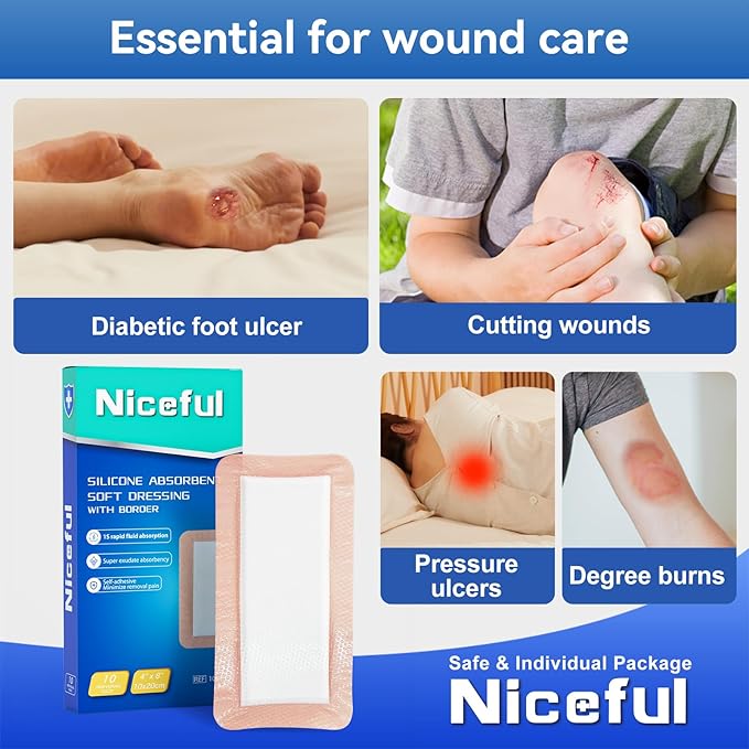 Silicone Super Absorbent Wound Dressing - 4"×8" Large Absorbant Bandages with Adhesive Borders, FSA HSA Eligible, Wound Care Dressings for Bed Sores Leg Ulcers