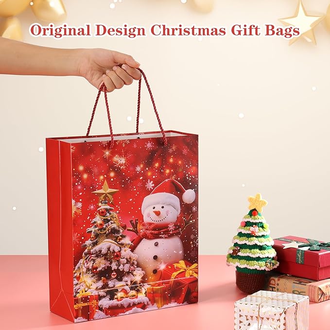 Rusikia 12 Christmas Gift Bags with 12 Tissues and 1 Satin Ribbon, Red Party Favor Bags Bulk with Handles, Glittery Cute Tree Snow-man Paper Bag for Xmas Holiday Birthday Wedding (Small 9"x7"x3")