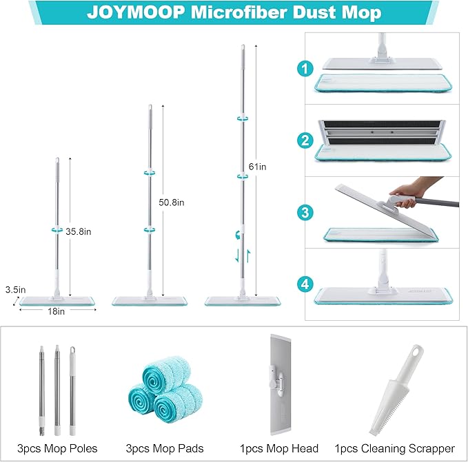 JOYMOOP 18 Inch Commercial Dust Mop for Hardwood Floors, Heavy Duty Industrial Wet Dry Mops with Telescopic Handle, Includes 5 Microfiber Mop Pads